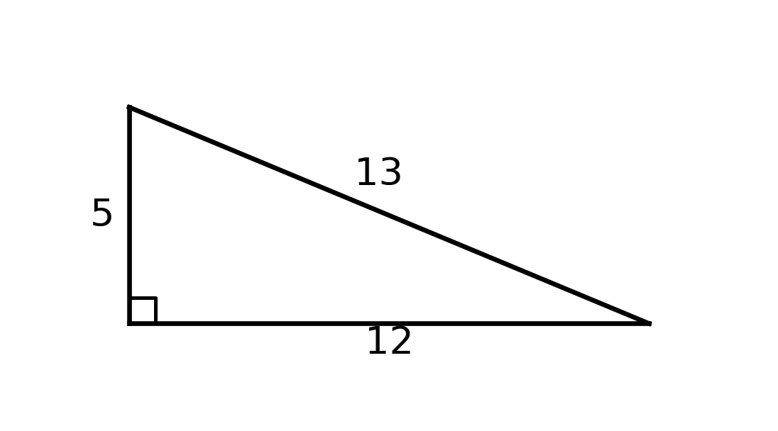 Right triangle with legs labeled 5 and 12 and hypotenuse labeled 13