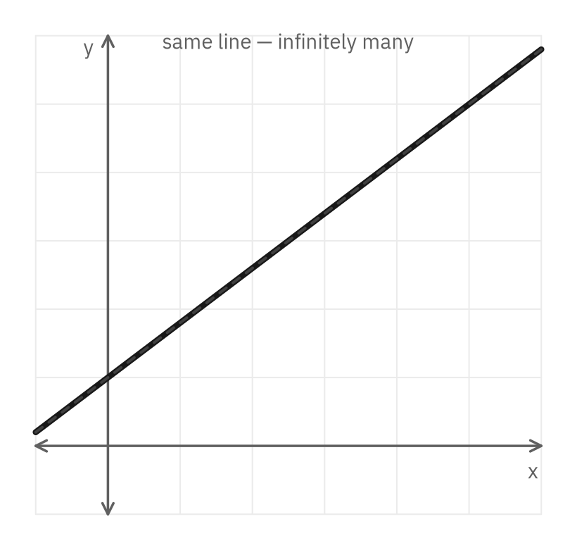 A single rising line drawn twice on top of itself, labeled same line, infinitely many